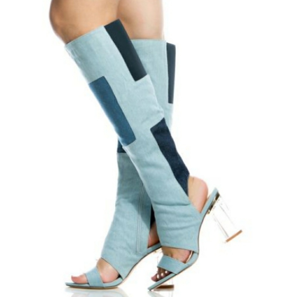 New Denim Knee High Cut Out Boots Side Zipper